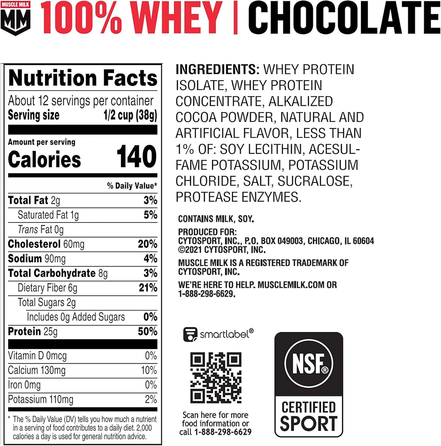 Chocolate Muscle Milk 100% Whey Protein Powder - 5lb Tub with 66 Servings, 25g Protein, Low Fat, NSF Certified, Energizing Snack for Workout Recovery - Packaging Varies