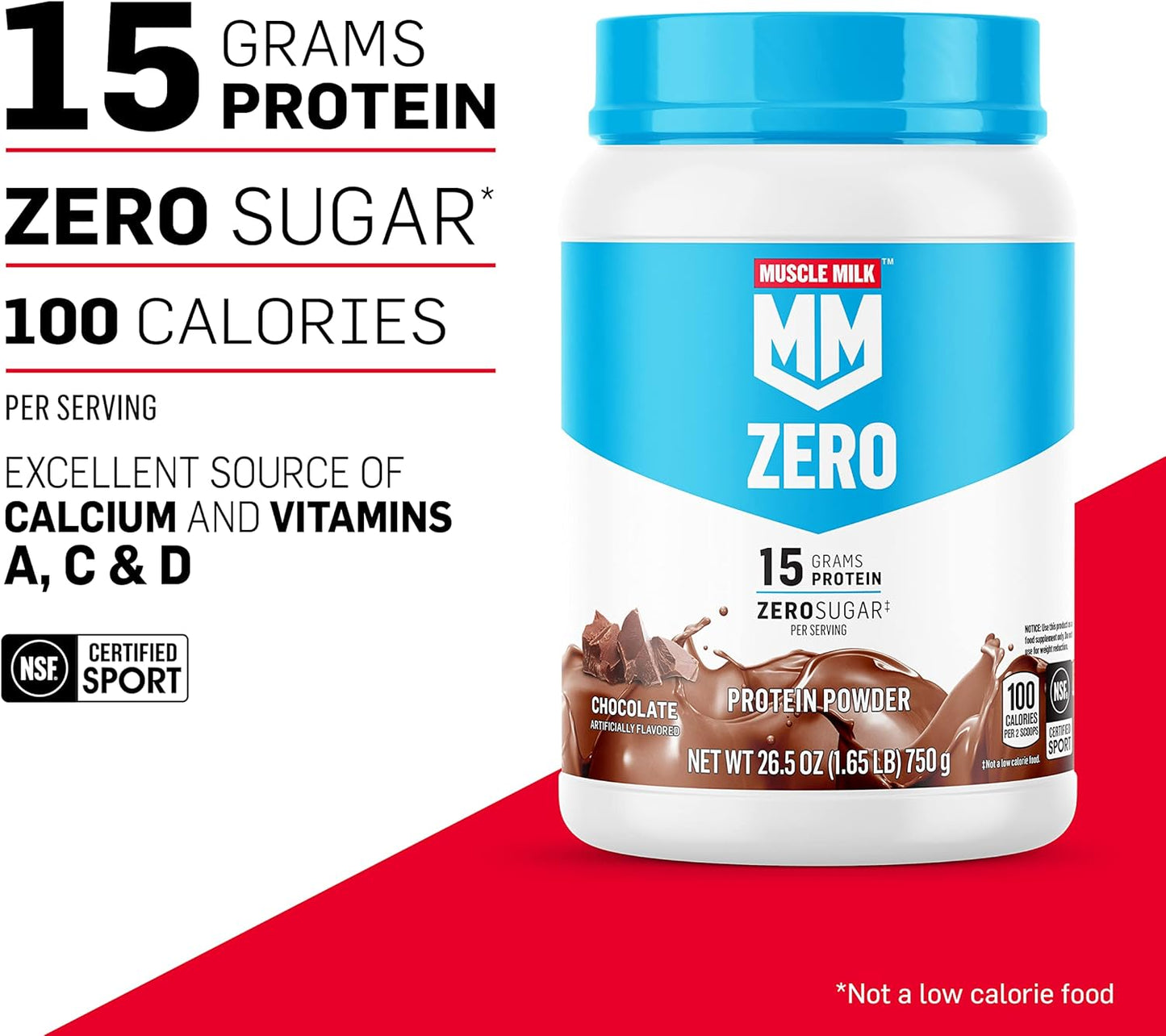 Chocolate Muscle Milk ZERO Protein Powder, 1.65 lb - 100 Calorie, 15g Protein, 25 Servings