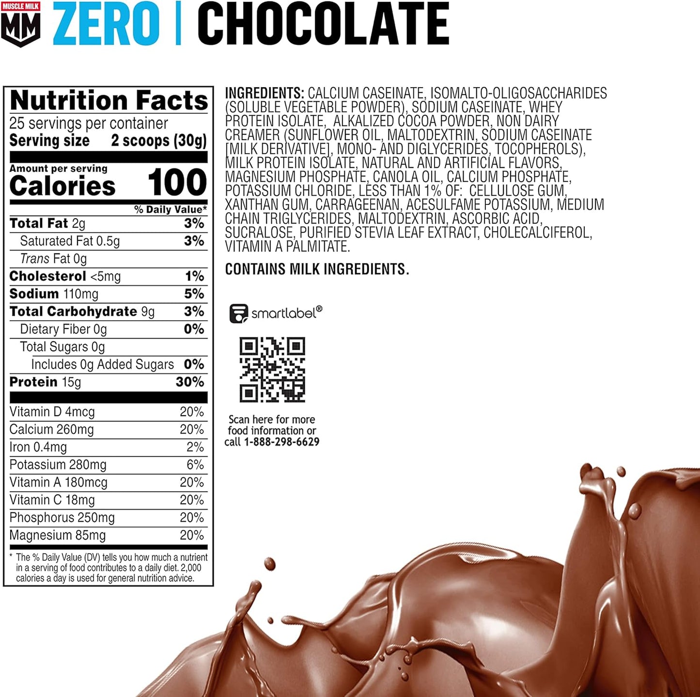 Chocolate Muscle Milk ZERO Protein Powder, 1.65 lb - 100 Calorie, 15g Protein, 25 Servings