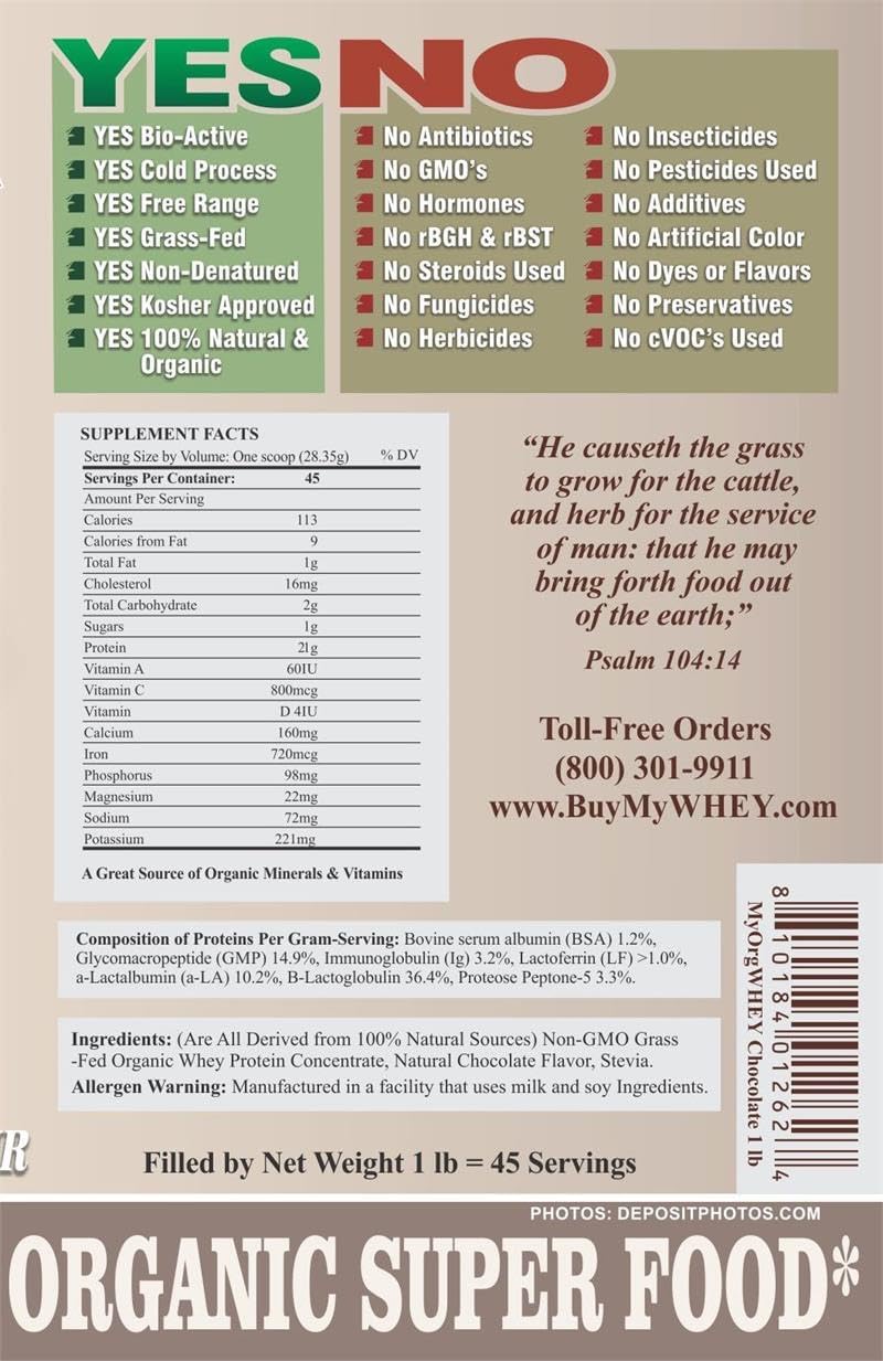 Chocolate Natur-Pur Organic Grass-Fed Whey Protein Powder - Cold Processed Grade-A Milk, rBST Hormone-Free, No Preservatives - 42g Protein in 2 Scoops - 1lb 2 Pack