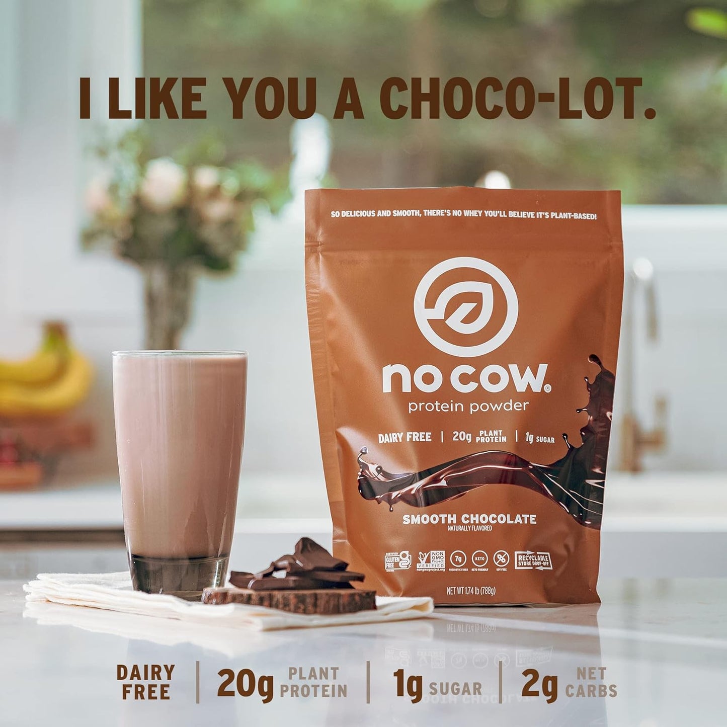Chocolate No Cow Vegan Protein Powder - 20g Plant Based Protein, Dairy Free, Soy Free, Keto Friendly - 1.74 lb Bag