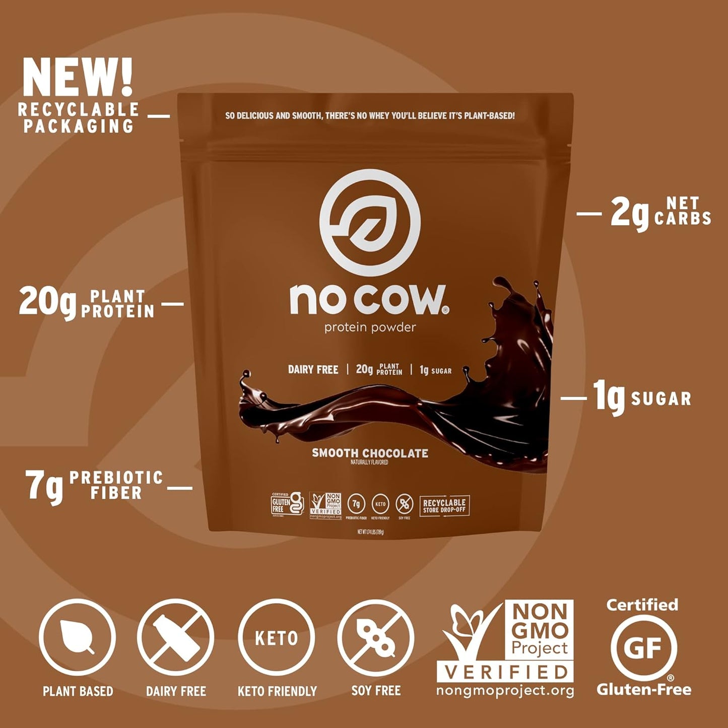 Chocolate No Cow Vegan Protein Powder - 20g Plant Based Protein, Dairy Free, Soy Free, Keto Friendly - 1.74 lb Bag