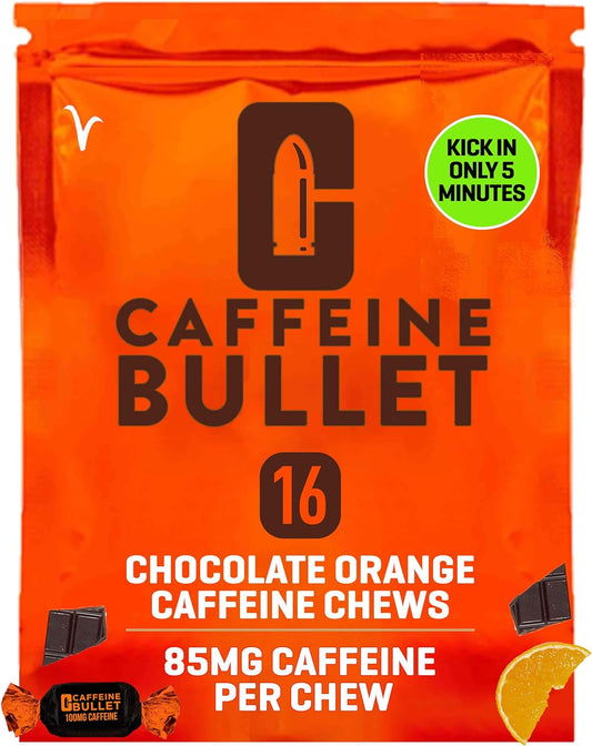 Chocolate Orange Caffeine Bullet Energy Chews - 16 Pack, 85mg Each - Boost Endurance for Running, Cycling, Gaming - Fast-Acting Alternative to Pills, Gels, and Gum