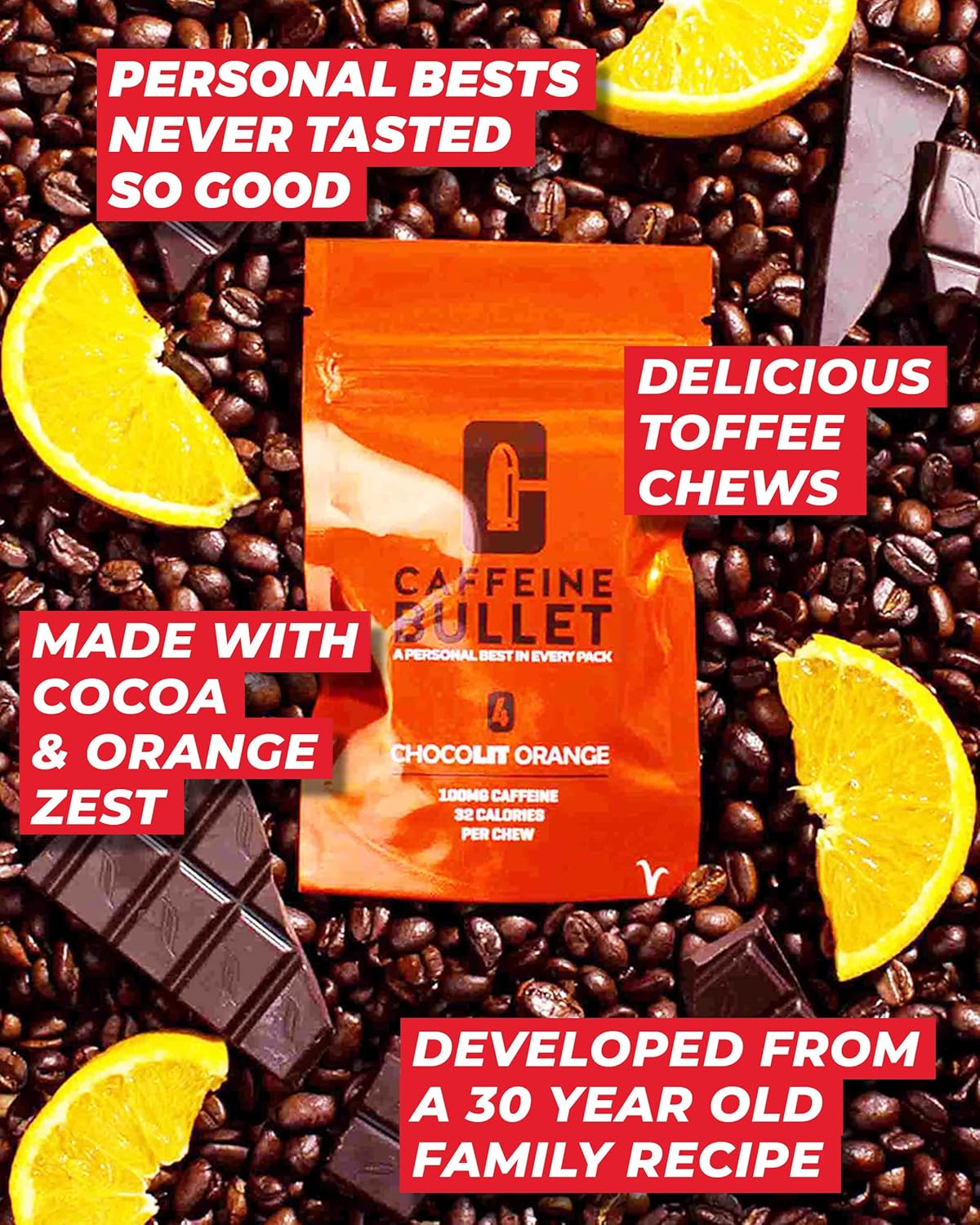Chocolate Orange Caffeine Bullet Energy Chews - 40 Pack for Running, Cycling, Gaming & Pre Workout Boost. Fast-Acting Alternative to Pills & Gels.