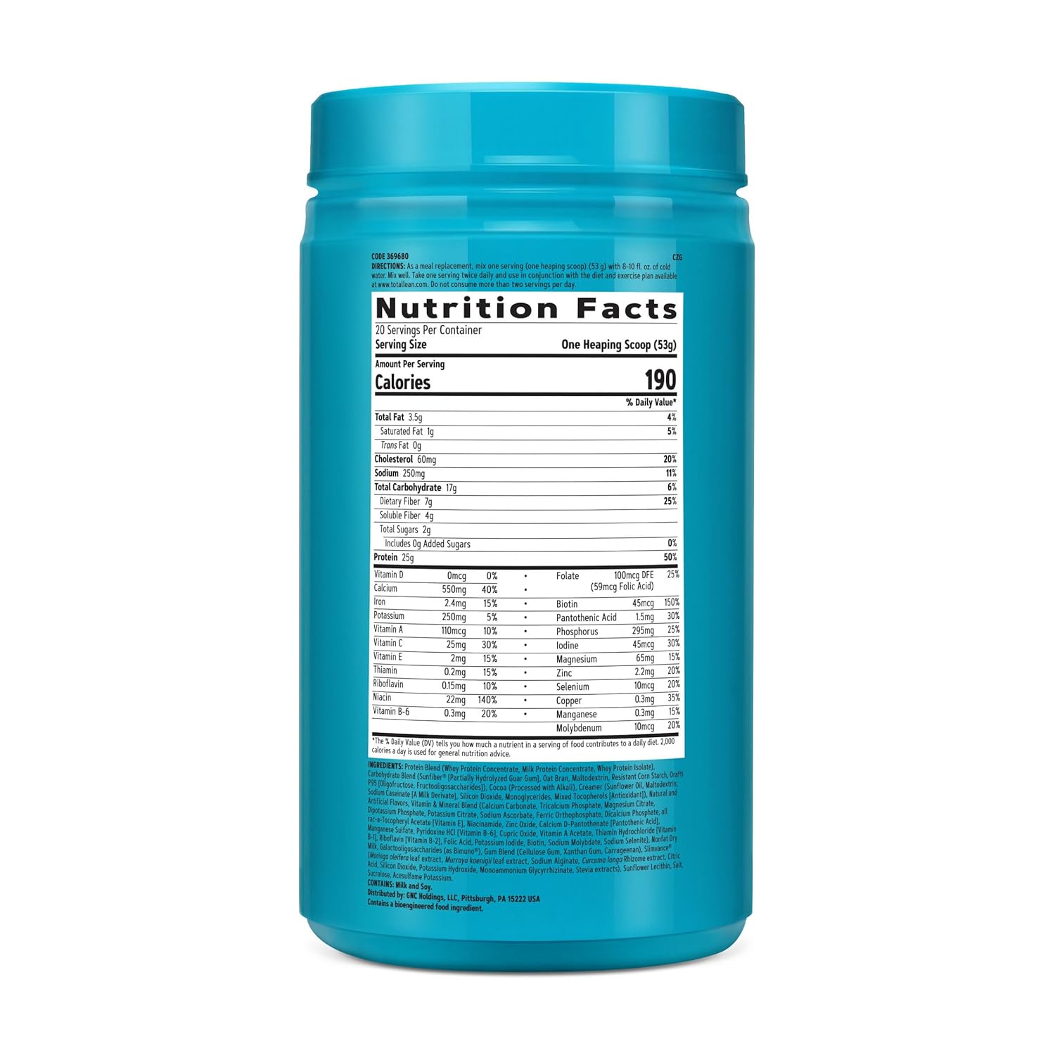 Chocolate Peanut Butter GNC Total Lean Shake with Slimvance - Caffeine Free Protein Powder for Slimming Formula - 20 Servings