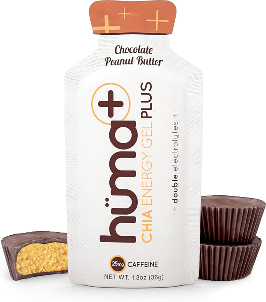 Chocolate Peanut Butter HÜMA CHIA ENERGY GEL Huma Plus - 12 Pack, Double Electrolytes for Stomach-Friendly Real Food Energy Boosts