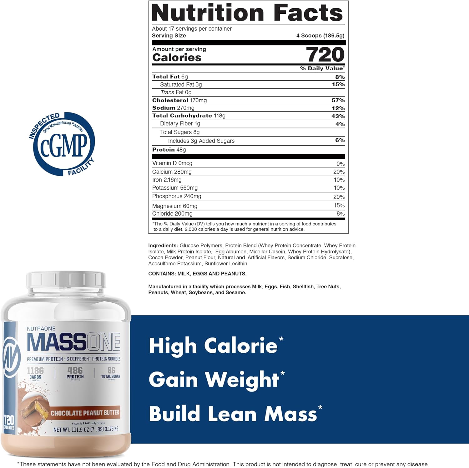 Chocolate Peanut Butter Mass Gainer Protein Powder for Muscle Mass Gain - 7 lbs. Meal Replacement by NutraOne