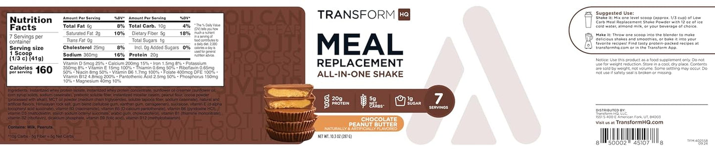 Chocolate Peanut Butter Meal Replacement Shake Powder - 7 Servings, Gluten Free, Non-GMO - TransformHQ