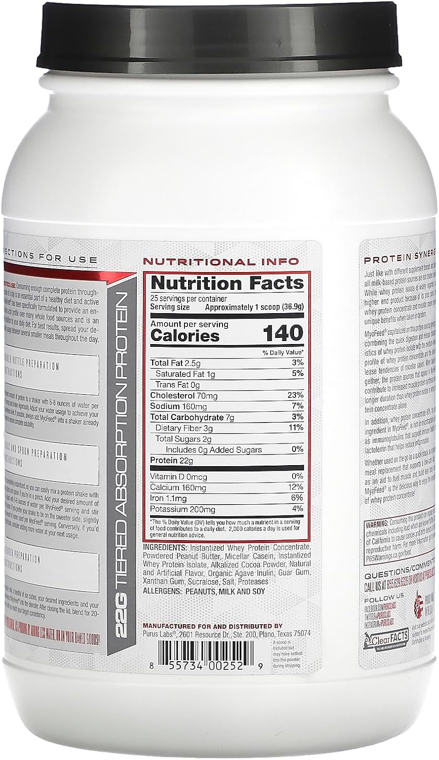 Chocolate Peanut Butter Protein Powder by Purus Labs - 25 Servings of MYOFEED Formula