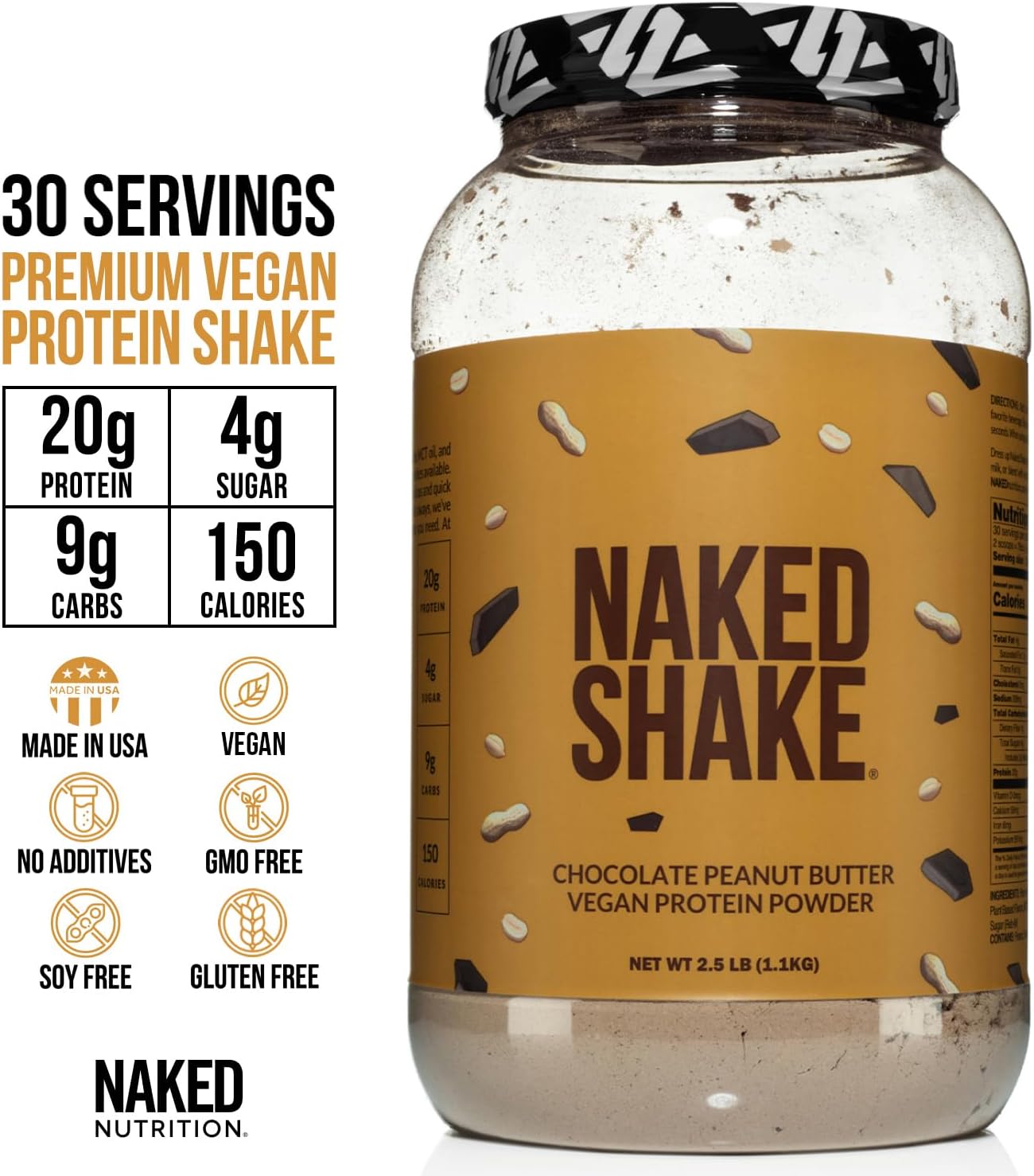 Chocolate Peanut Butter Vegan Protein Powder with MCT Oil - Gluten-Free & Non-GMO - 30 Servings