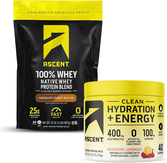 Chocolate Peanut Butter Whey Protein Powder + Raspberry Lemonade Electrolytes: Ascent 100% Whey Protein 2 lb & Energy Hydration 40 Servings