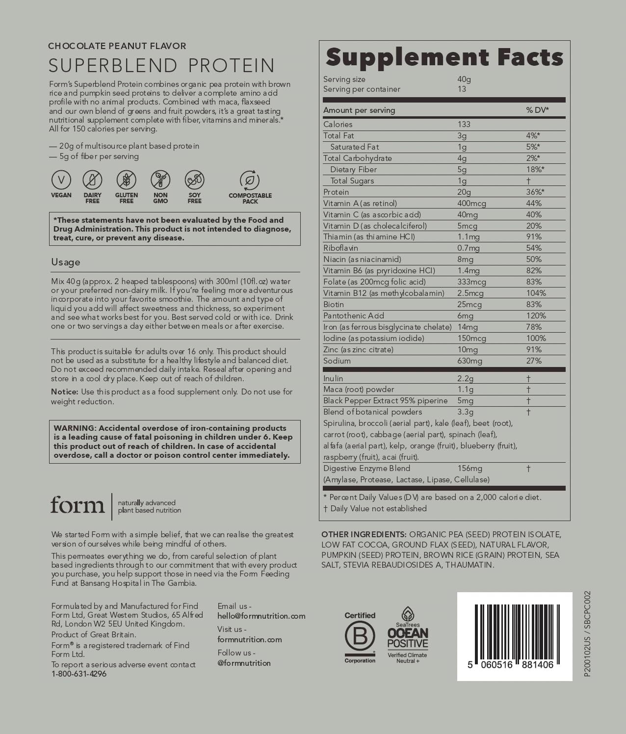Chocolate Peanut Superblend Protein: Vegan Powder with Superfoods, Vitamins, and Minerals - 20g Plant-Based Protein/serv