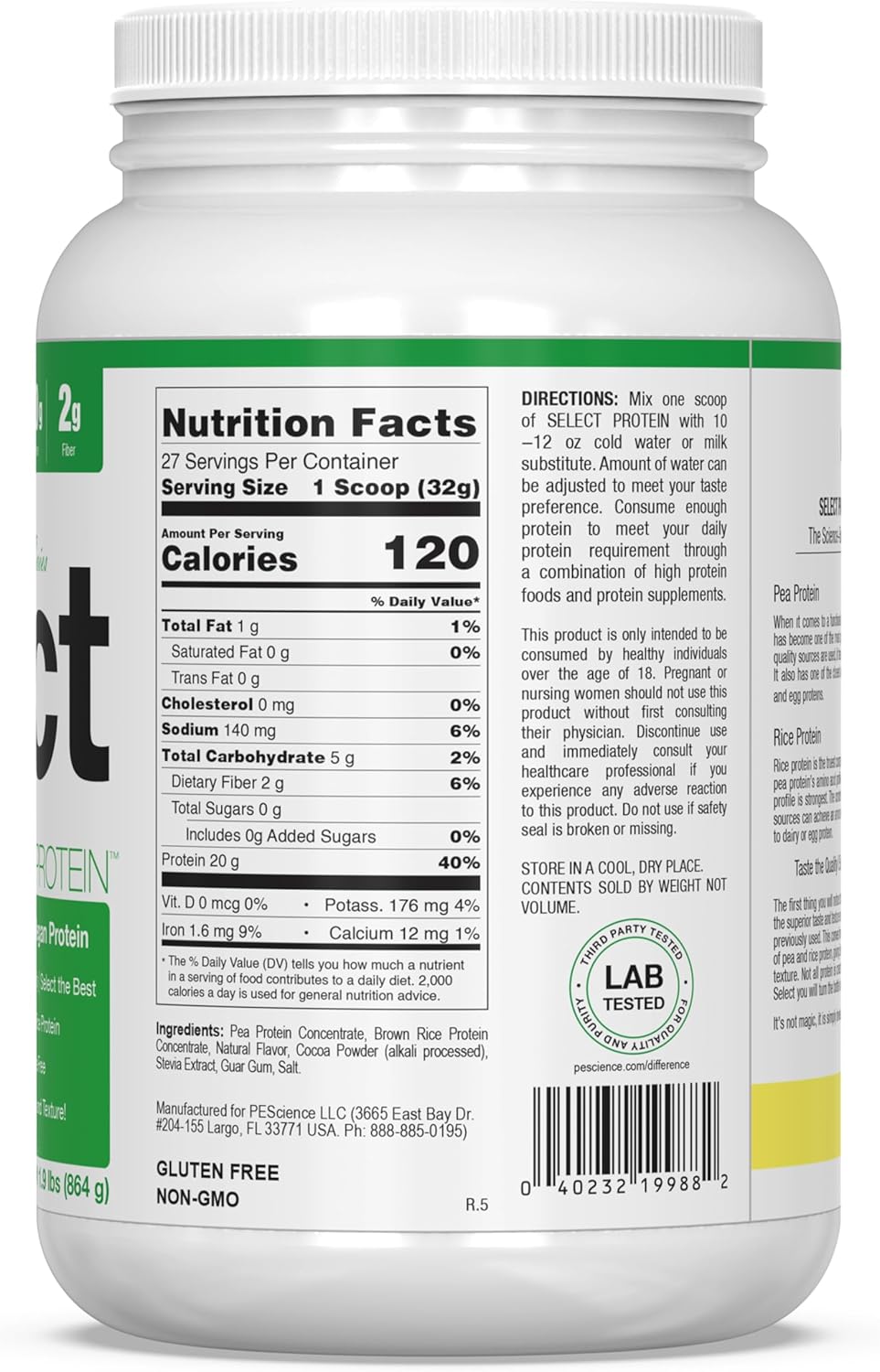 Chocolate PEScience Select Vegan Plant Based Protein Powder - 27 Servings of Pea and Brown Rice Blend