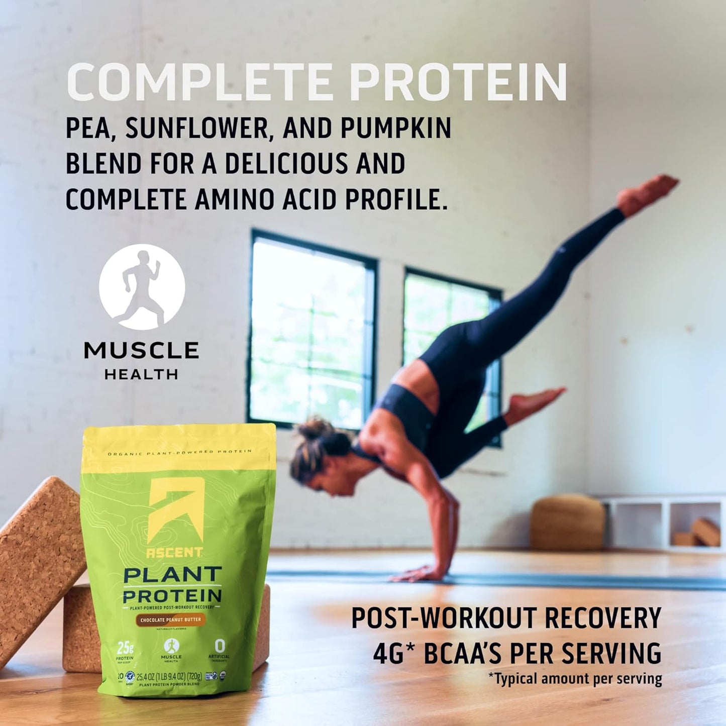 Chocolate Plant Based Protein Powder - Vegan, Dairy-Free, Soy & Gluten Free, No Artificial Ingredients, Zero Added Sugar, 4g BCAA, 2g Leucine - 18 Servings