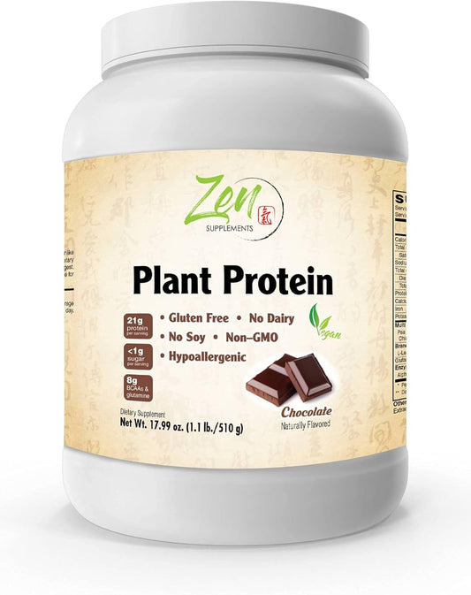 Chocolate Plant Protein Powder - Vegan, Low Net Carbs, 23g Protein Per Serving - Zen Supplements - 1.1LB - Gluten-Free, Non-Dairy, Lactose-Free