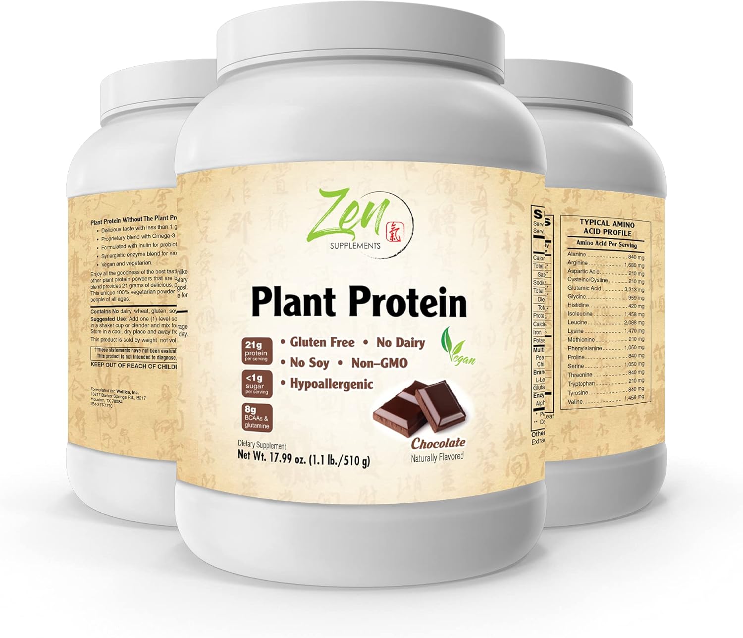 Chocolate Plant Protein Powder - Vegan, Low Net Carbs, 23g Protein Per Serving - Zen Supplements - 1.1LB - Gluten-Free, Non-Dairy, Lactose-Free