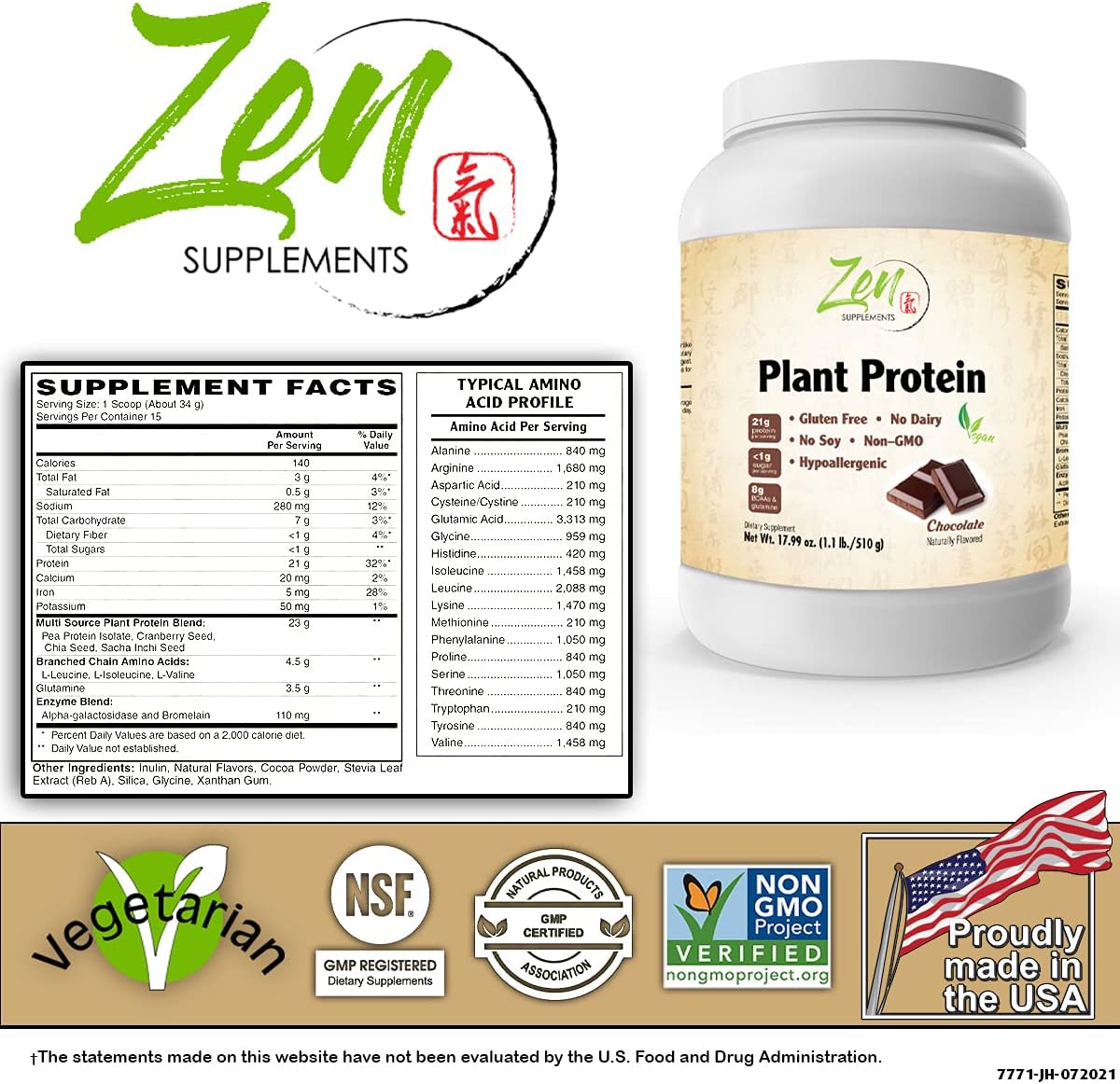 Chocolate Plant Protein Powder - Vegan, Low Net Carbs, 23g Protein Per Serving - Zen Supplements - 1.1LB - Gluten-Free, Non-Dairy, Lactose-Free
