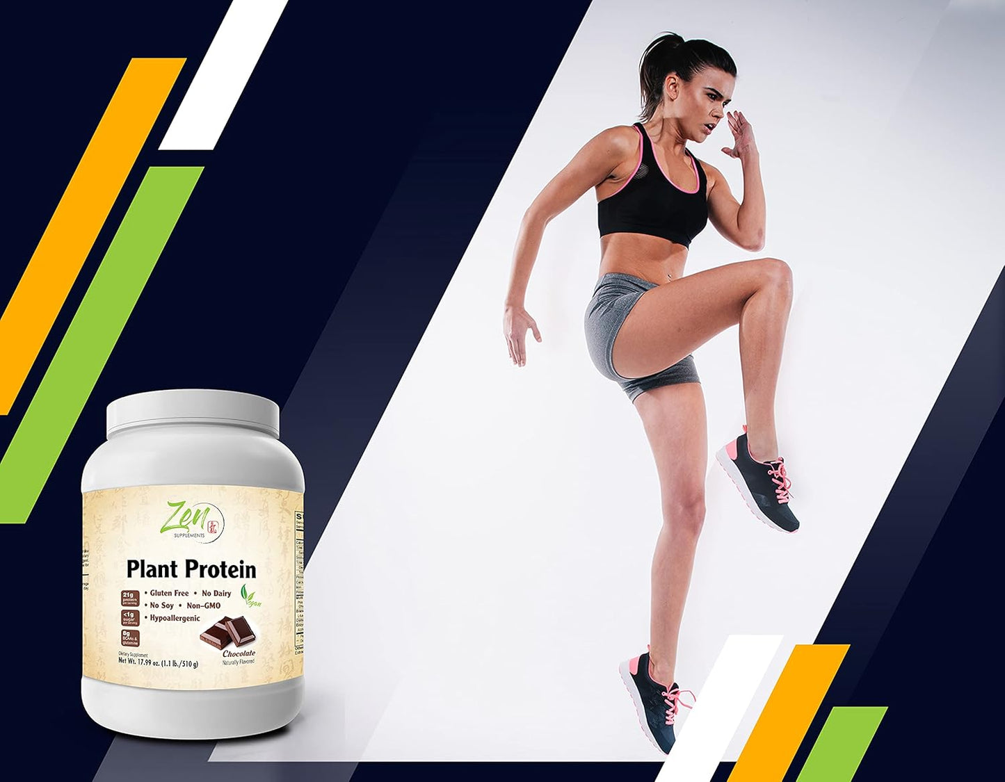 Chocolate Plant Protein Powder - Vegan, Low Net Carbs, 23g Protein Per Serving - Zen Supplements - 1.1LB - Gluten-Free, Non-Dairy, Lactose-Free