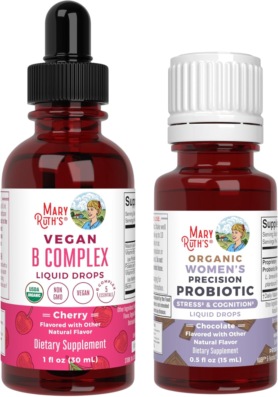 Chocolate Probiotic & B Complex Drops for Women by MaryRuth Organics - USDA Organic, Clean Label Project Verified® - Vitamins to Support Stress Relief, Metabolism, & Overall Health - Vegan & Gluten-Free