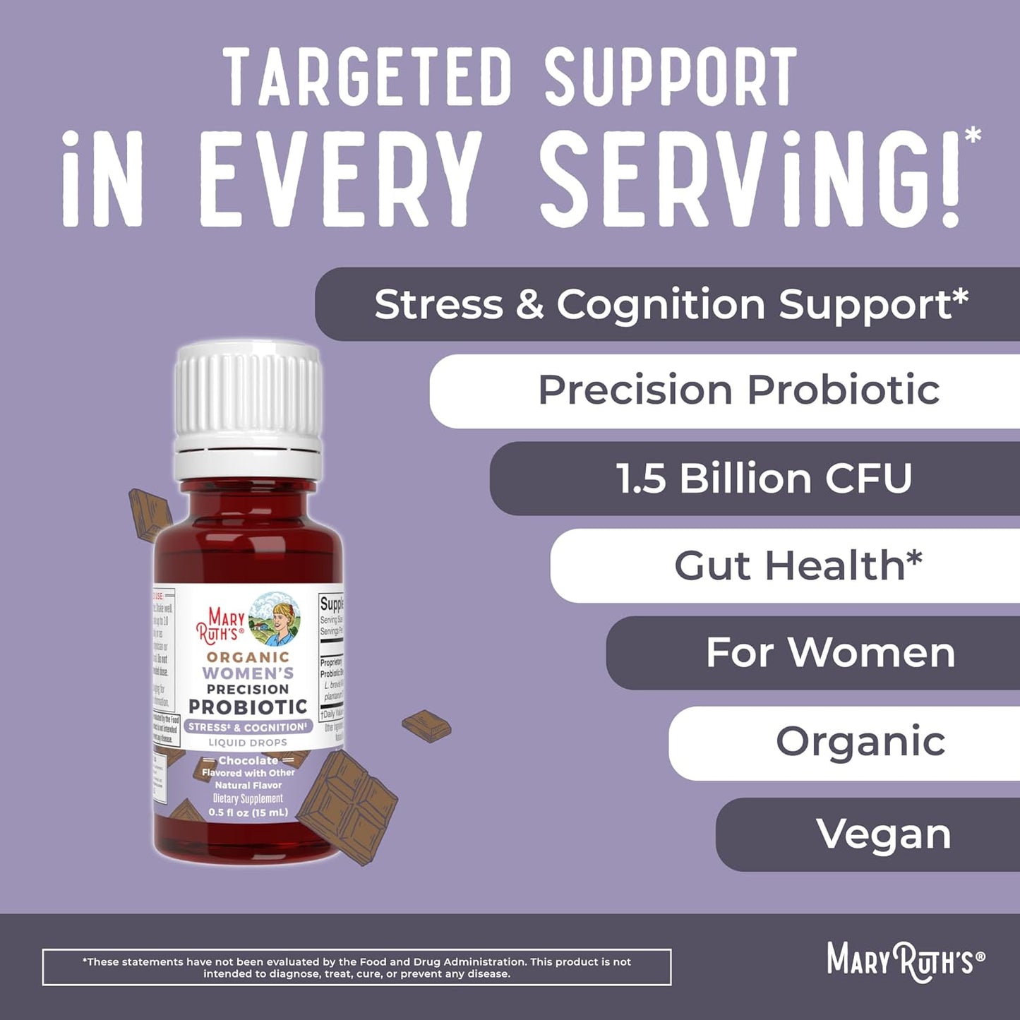 Chocolate Probiotic & B Complex Drops for Women by MaryRuth Organics - USDA Organic, Clean Label Project Verified® - Vitamins to Support Stress Relief, Metabolism, & Overall Health - Vegan & Gluten-Free