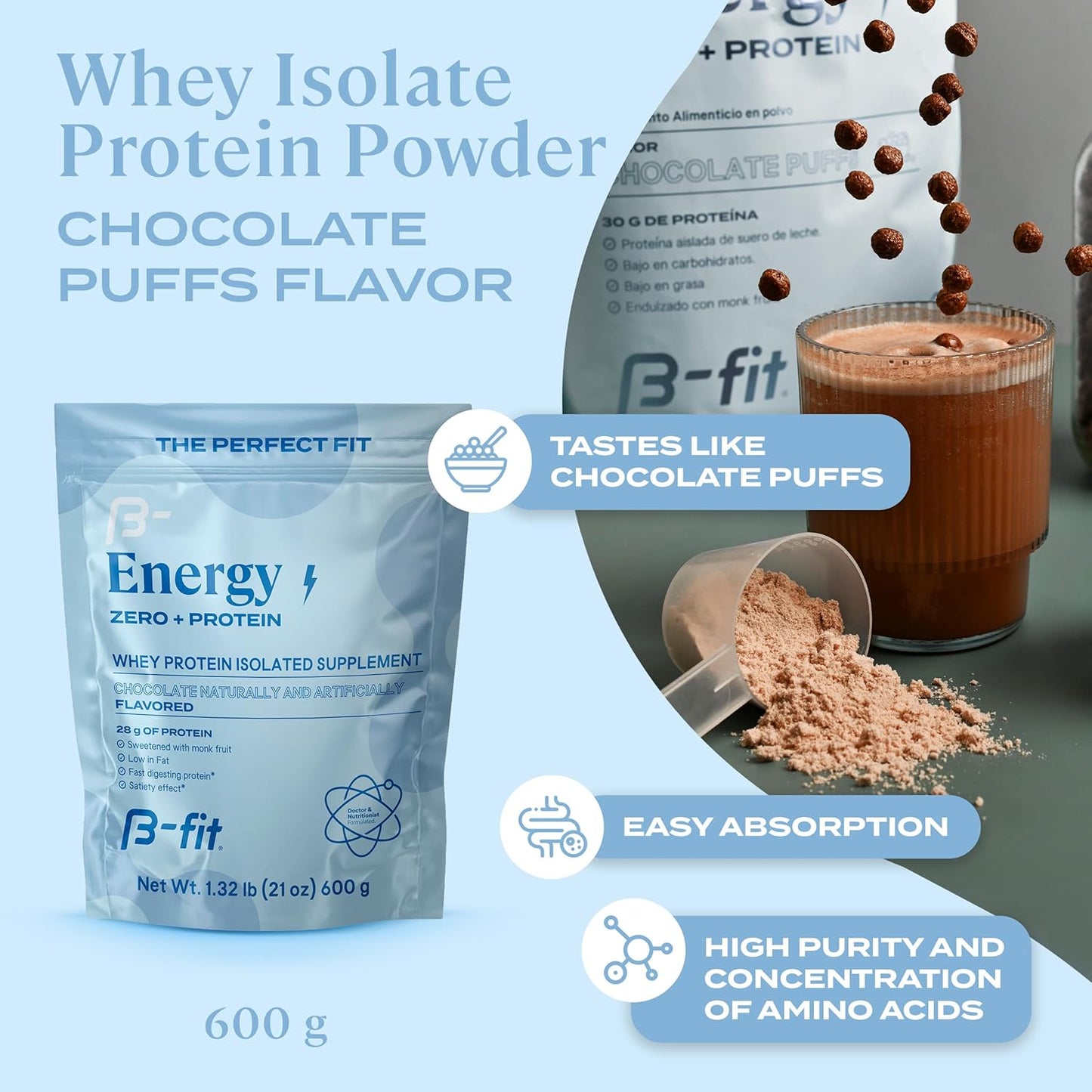 Chocolate Puffs Flavor B-FIT B Whey Zero Protein Powder 600g - High Purity Amino Acids - Fast Absorption - Low Fat and Carbs - 17 Servings