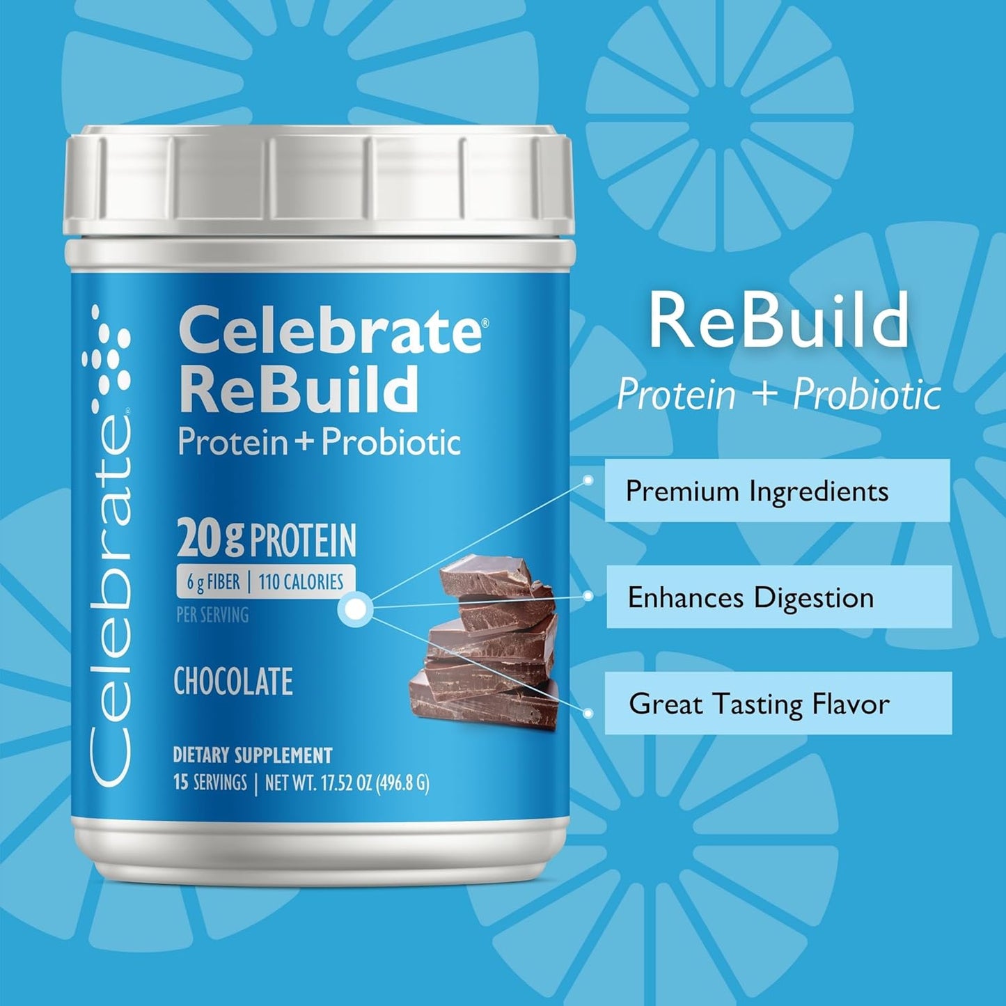 Chocolate Rebuild Protein Powder for Bariatric Surgery Patients - 20g Whey Isolate Protein with Probiotics & Prebiotics - High Fiber Supplement by Celebrate Vitamins (15 Servings)