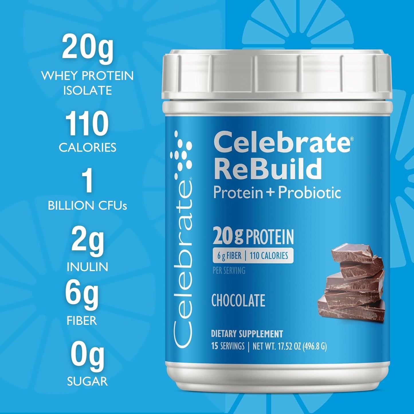 Chocolate Rebuild Protein Powder for Bariatric Surgery Patients - 20g Whey Isolate Protein with Probiotics & Prebiotics - High Fiber Supplement by Celebrate Vitamins (15 Servings)