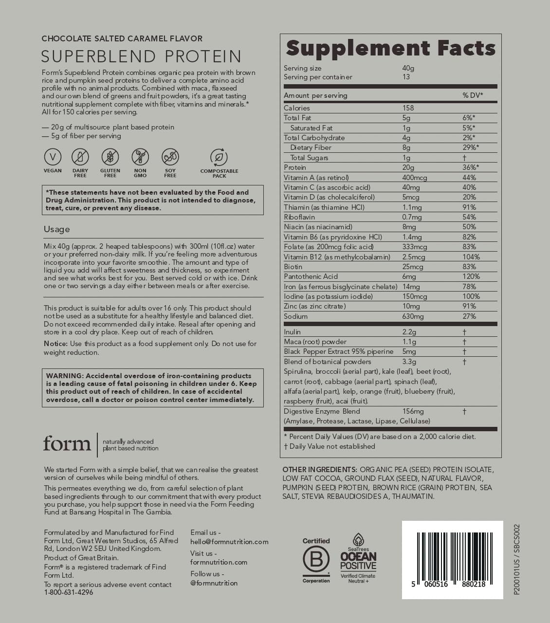 Chocolate Salted Caramel Superblend Protein - Vegan Powder with Superfoods, Vitamins, Minerals - 20g Plant Based Protein per Serving