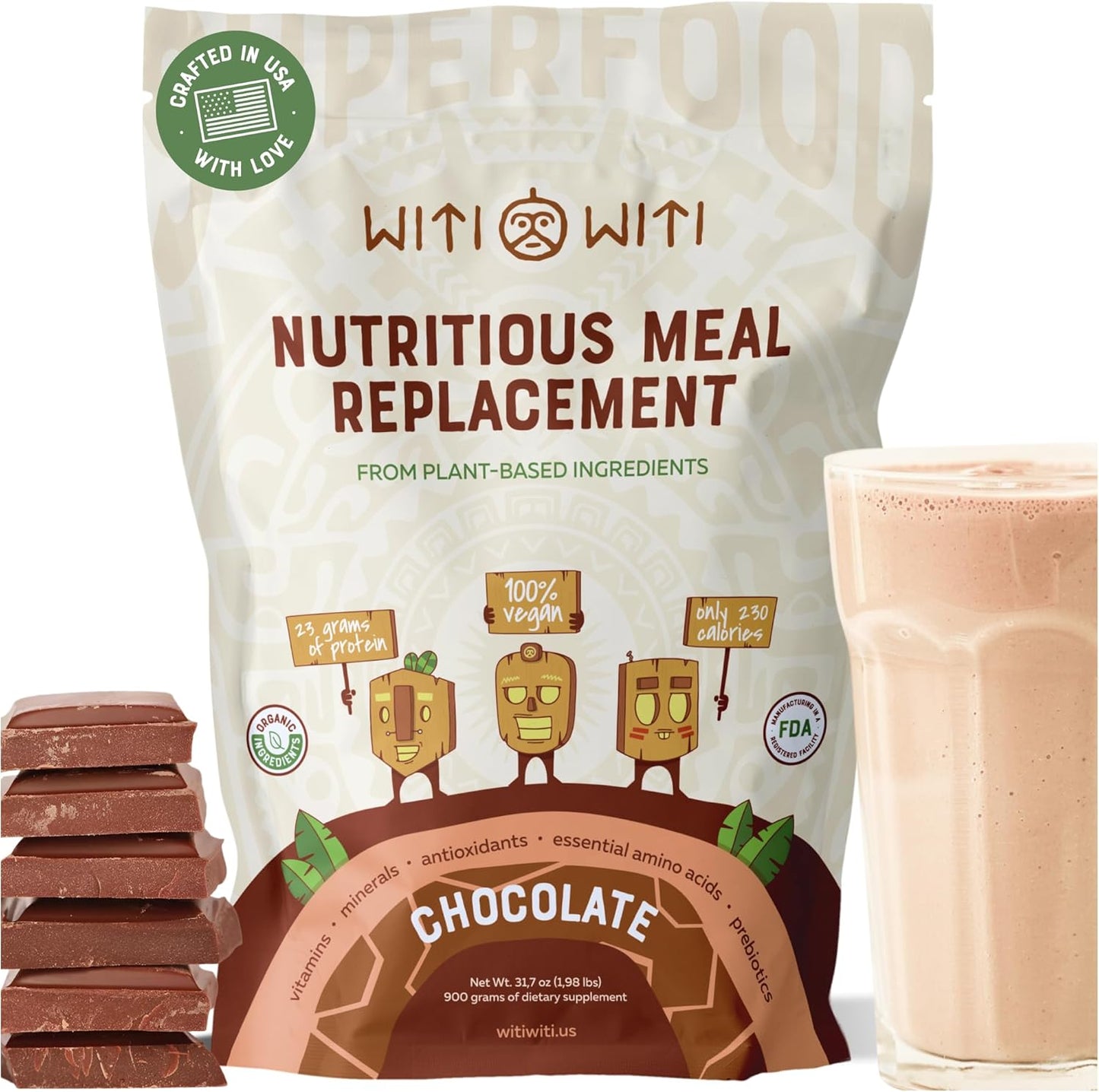 Chocolate Vegan Meal Replacement Powder with 23g Plant-Based Protein - Superfood, Greens, Prebiotics, Vitamins, Minerals - Dairy&Gluten Free - All-in-One Shake for Women & Men (15 Servings)