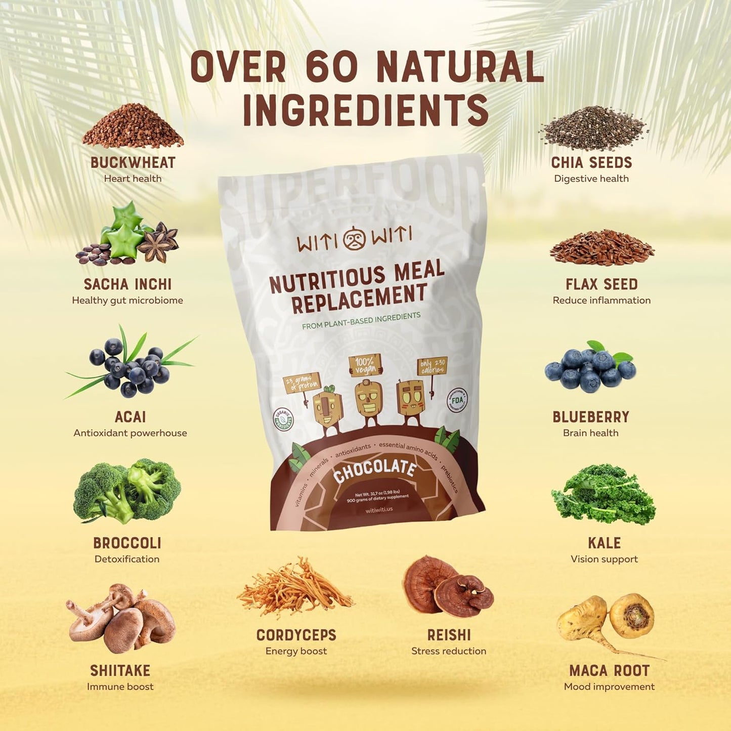 Chocolate Vegan Meal Replacement Powder with 23g Plant-Based Protein - Superfood, Greens, Prebiotics, Vitamins, Minerals - Dairy&Gluten Free - All-in-One Shake for Women & Men (15 Servings)