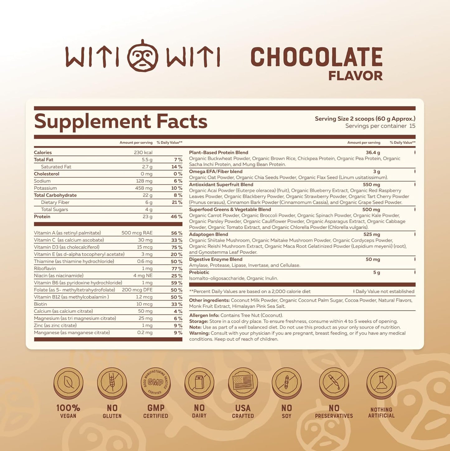 Chocolate Vegan Meal Replacement Powder with 23g Plant-Based Protein - Superfood, Greens, Prebiotics, Vitamins, Minerals - Dairy&Gluten Free - All-in-One Shake for Women & Men (15 Servings)