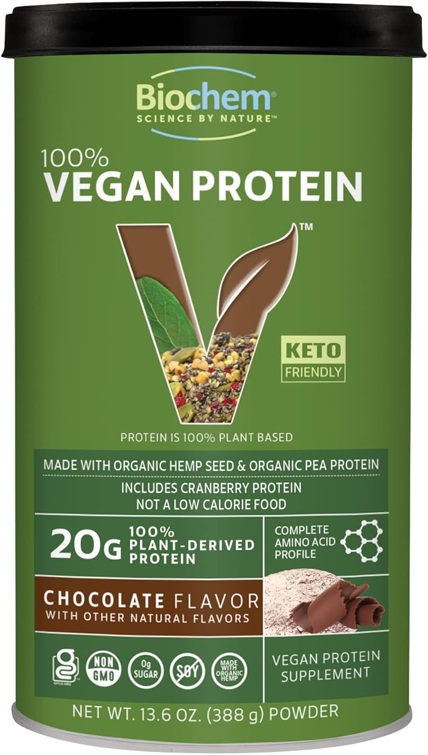 Chocolate Vegan Protein Powder 13.6 oz - Plant-Based Biochem Formula with 20g Protein for Muscle Support