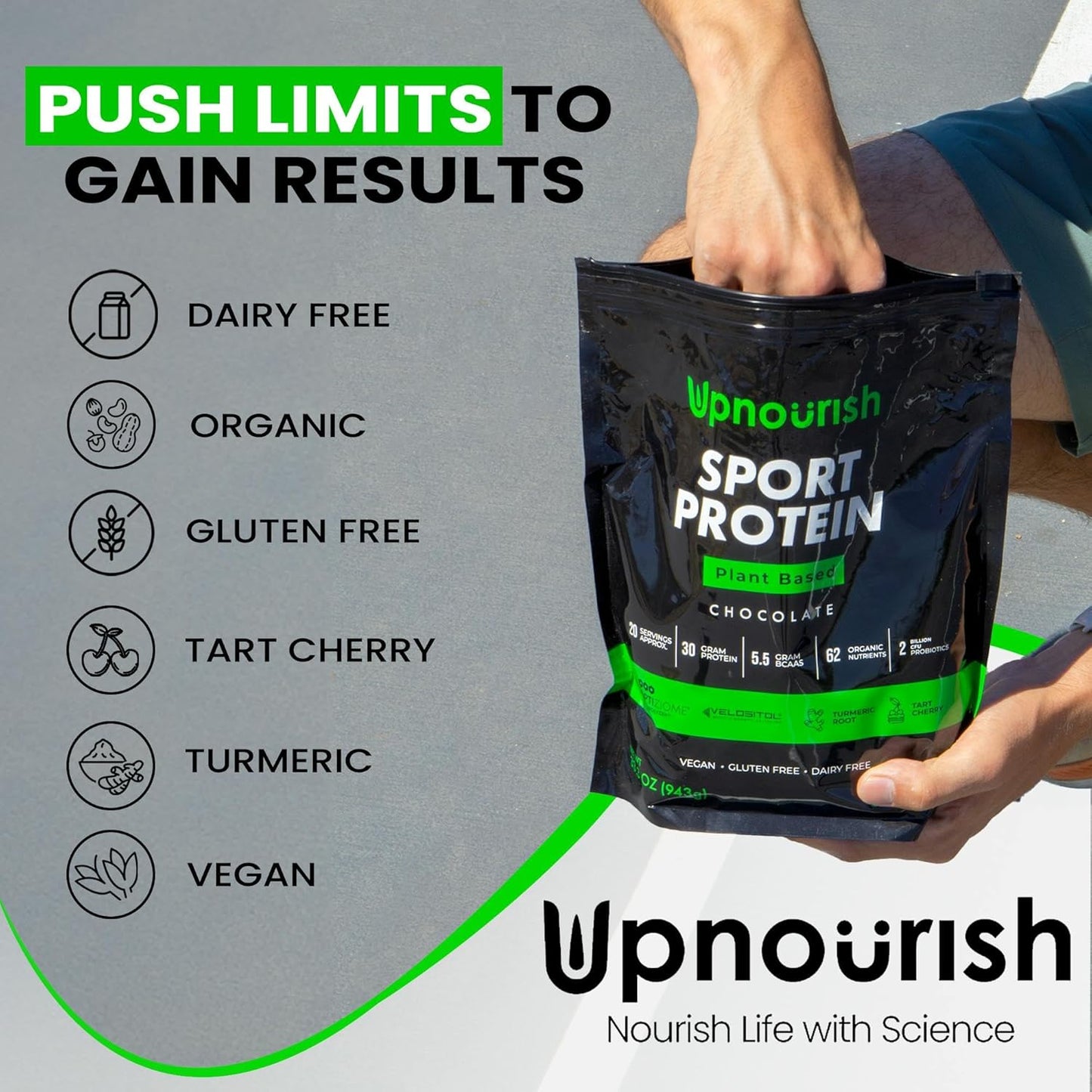 Chocolate Vegan Sport Protein Powder with VELOSITOL, BCAAs, and Organic Greens - 20 Servings for Post-Workout Recovery and Keto Friendly - UpNourish