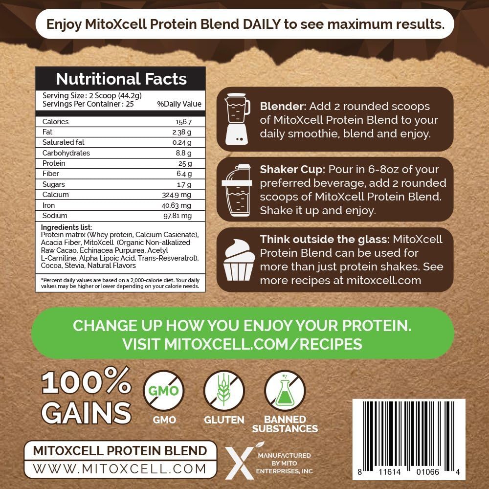 Chocolate Whey and Casein Protein Blend with MitoXcell Superfood Blend, BCAA's, L Carnitine, and Echinacea - 2.7 lbs
