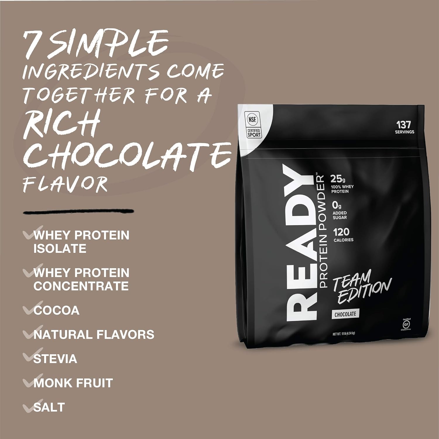Chocolate Whey Protein Powder, 25g Protein, No Added Sugar, 7 Simple Ingredients, 10lb Bag
