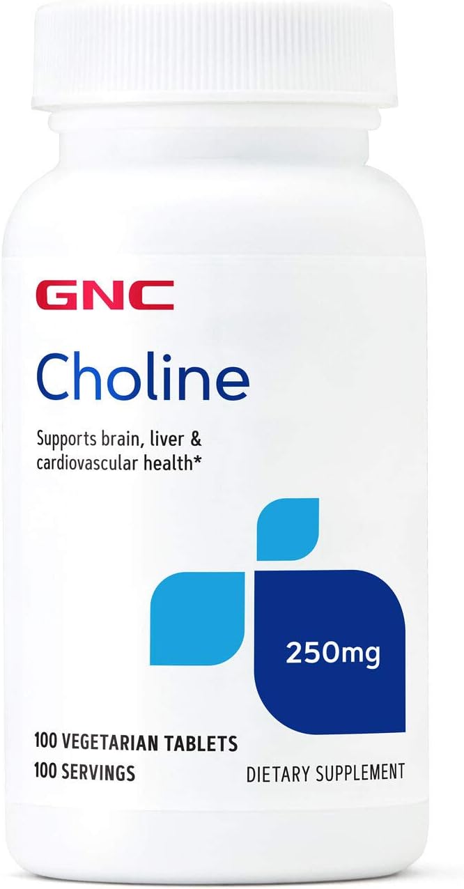 Choline 250mg Tablets - Promotes Brain, Liver, and Cardiovascular Health - Vegetarian Formula - 100 Count