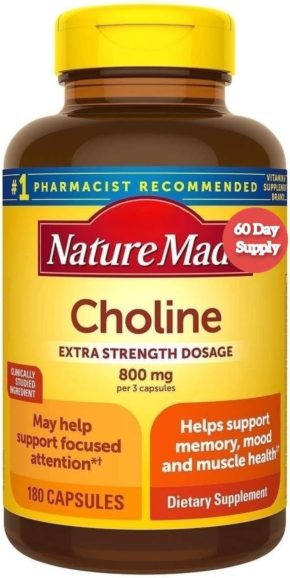 Choline 800mg Capsules for Memory, Mood, and Muscle Health - 180 Count Bundle, 60 Day Supply