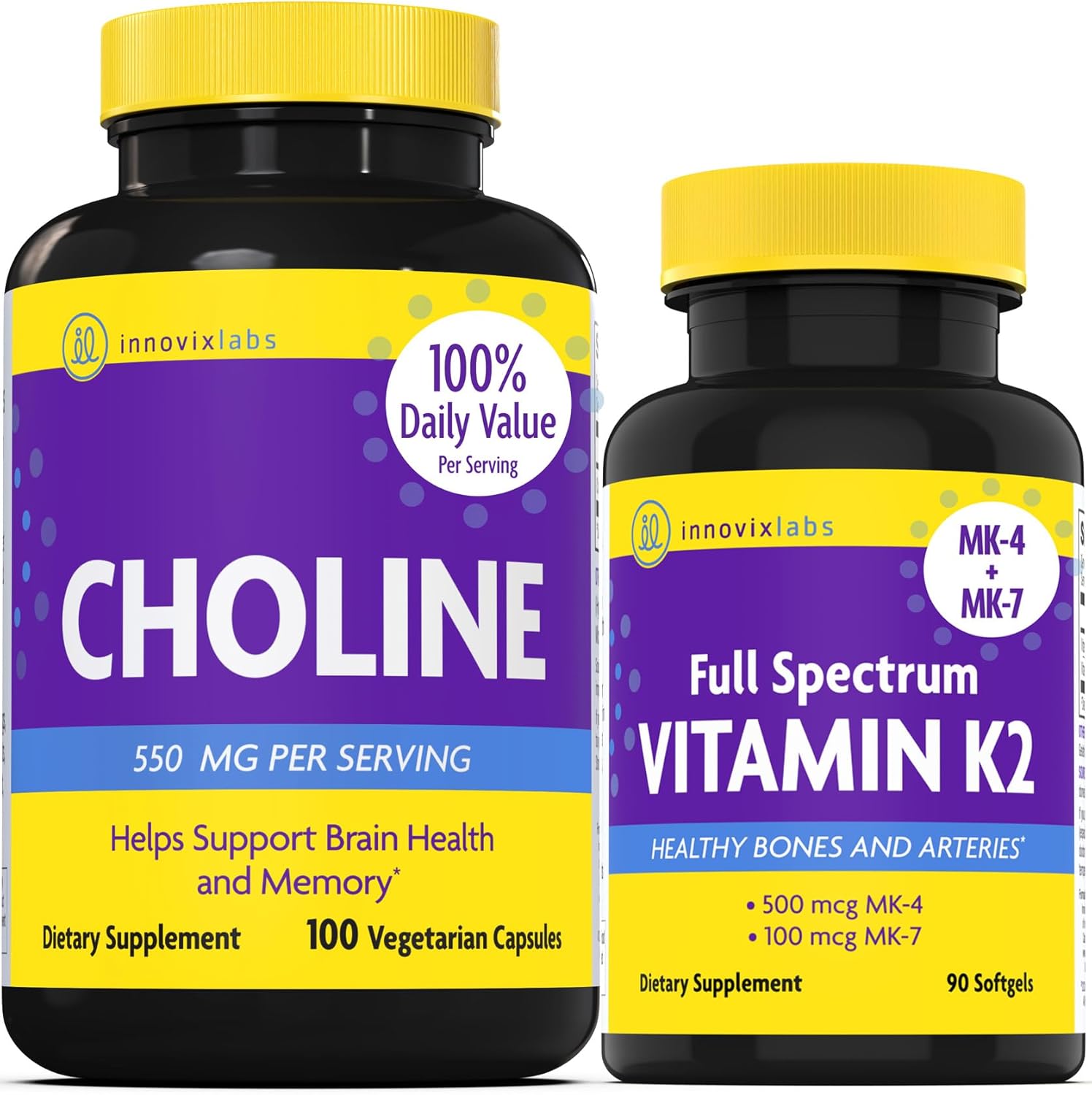 Choline Bitartrate 550mg & Vitamin K2 Bundle - Memory & Brain Health Support - 100 Capsules Choline + 90 Softgels Vitamin K2 - Cognitive Boost*