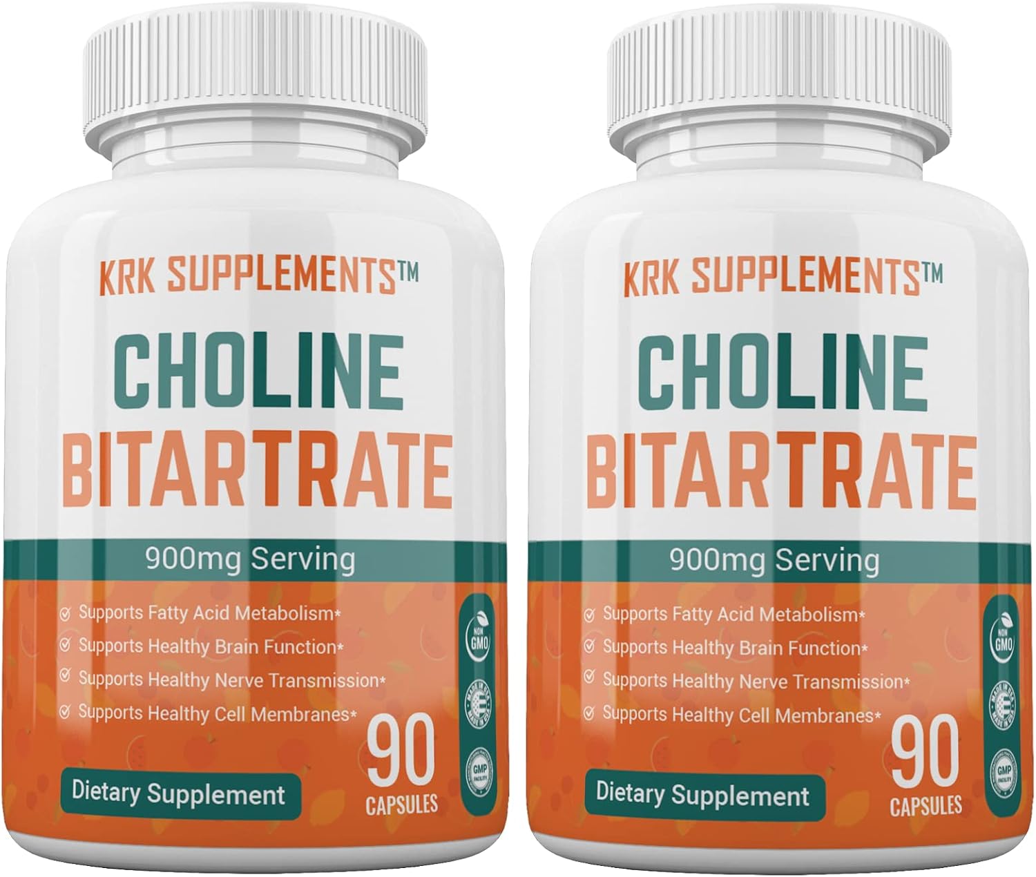 Choline Bitartrate 900mg - 2 Bottles, 180 Capsules - KRK Supplements
