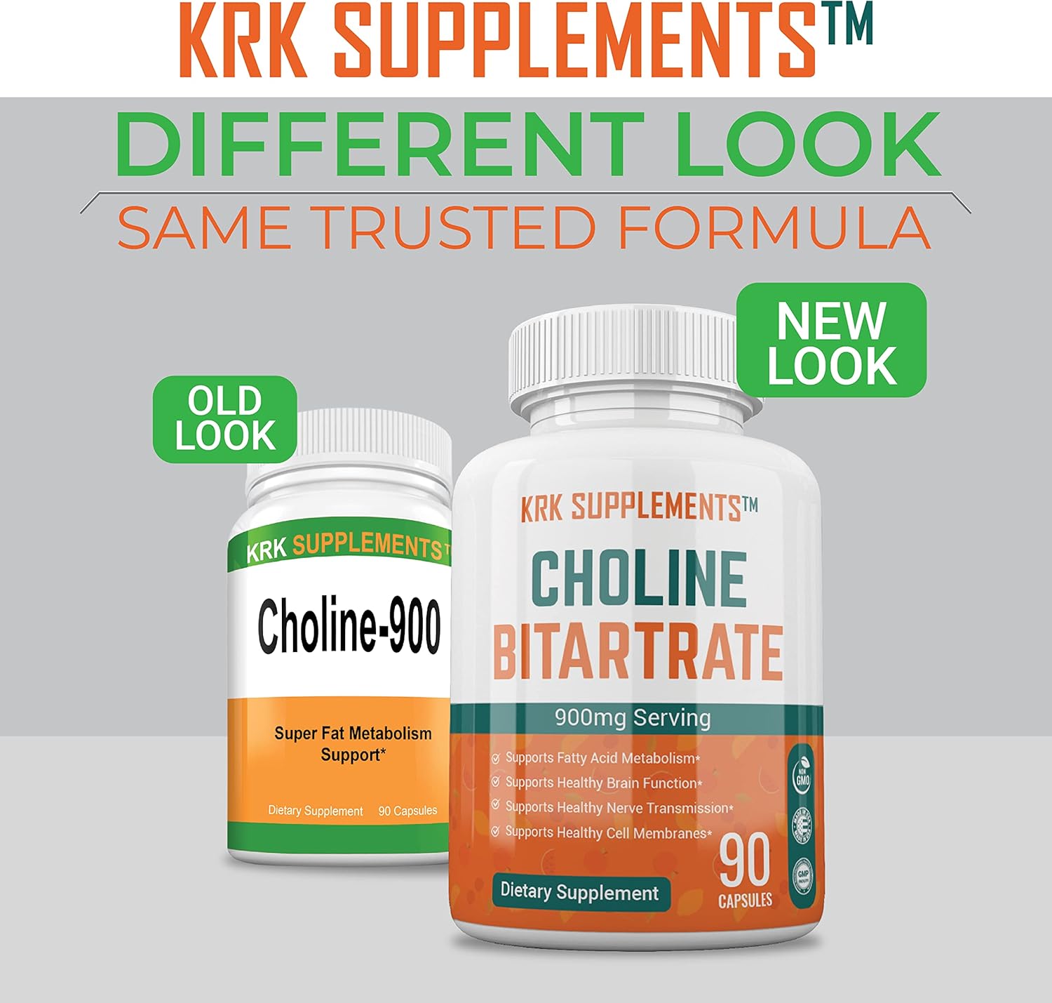 Choline Bitartrate 900mg - 2 Bottles, 180 Capsules - KRK Supplements