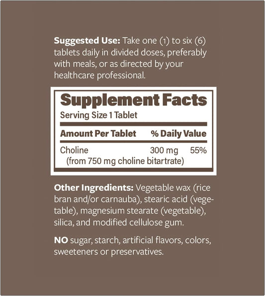 Choline Bitartrate Sustained Release Tablets - 300mg - Brain Health & Focus - Prenatal Development - Vegan & Non-GMO - 60 Count