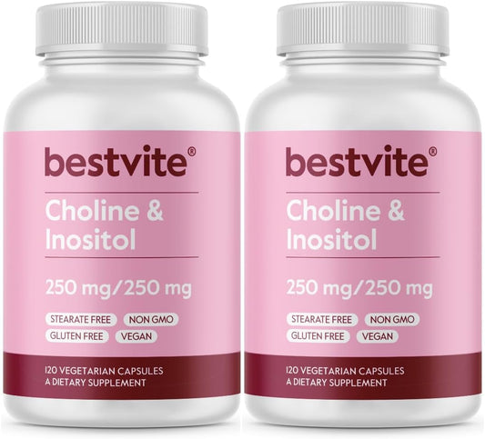 Choline Inositol 500mg Supplement (240 Capsules) - Vegan, Non-GMO, Gluten-Free - No Stearates or Fillers