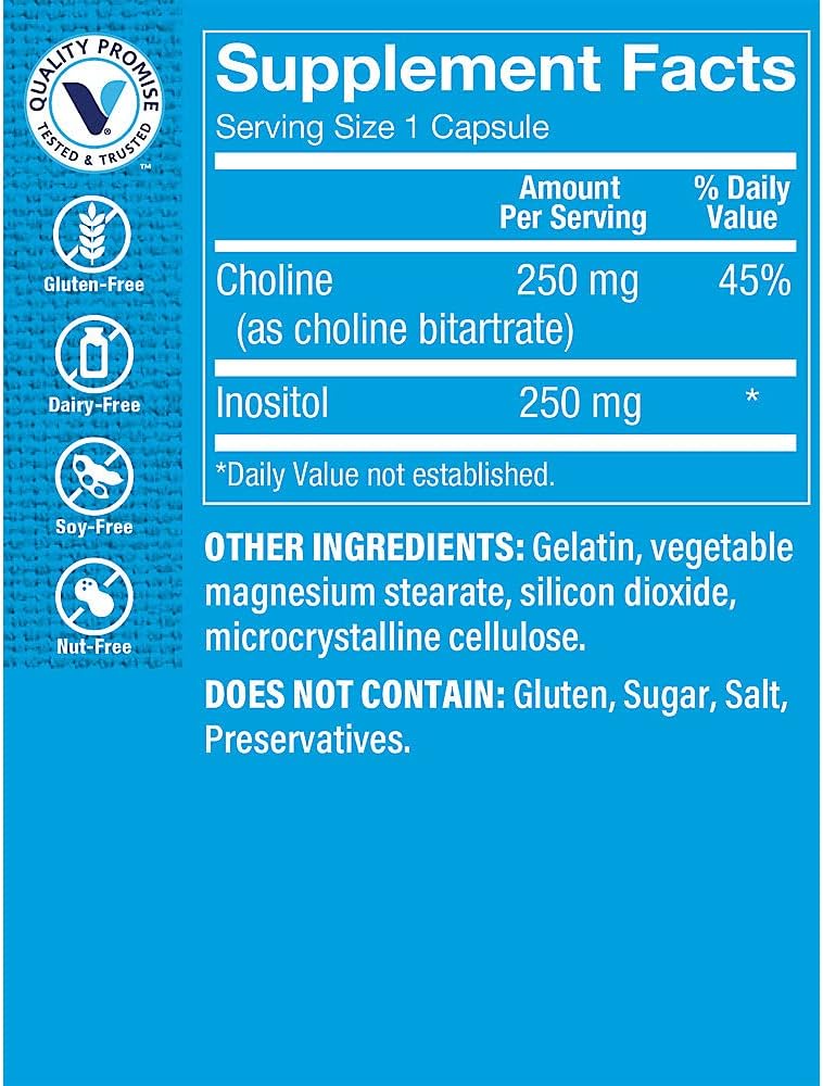 Choline & Inositol 500MG Supplement for Fat Metabolism & Brain Health - 300 Capsules