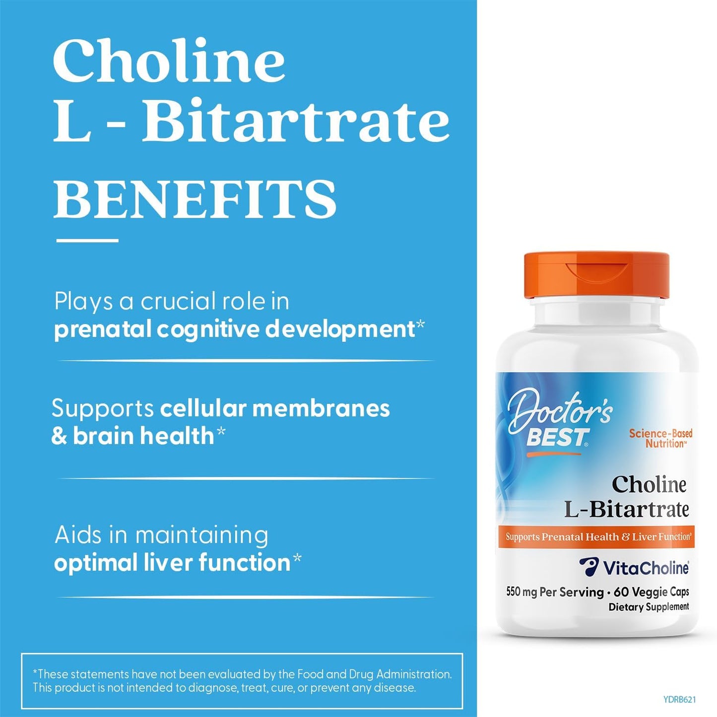 Choline L-Bitartrate for Prenatal Health & Liver Function - Non-GMO, Gluten Free, Vegan Capsules