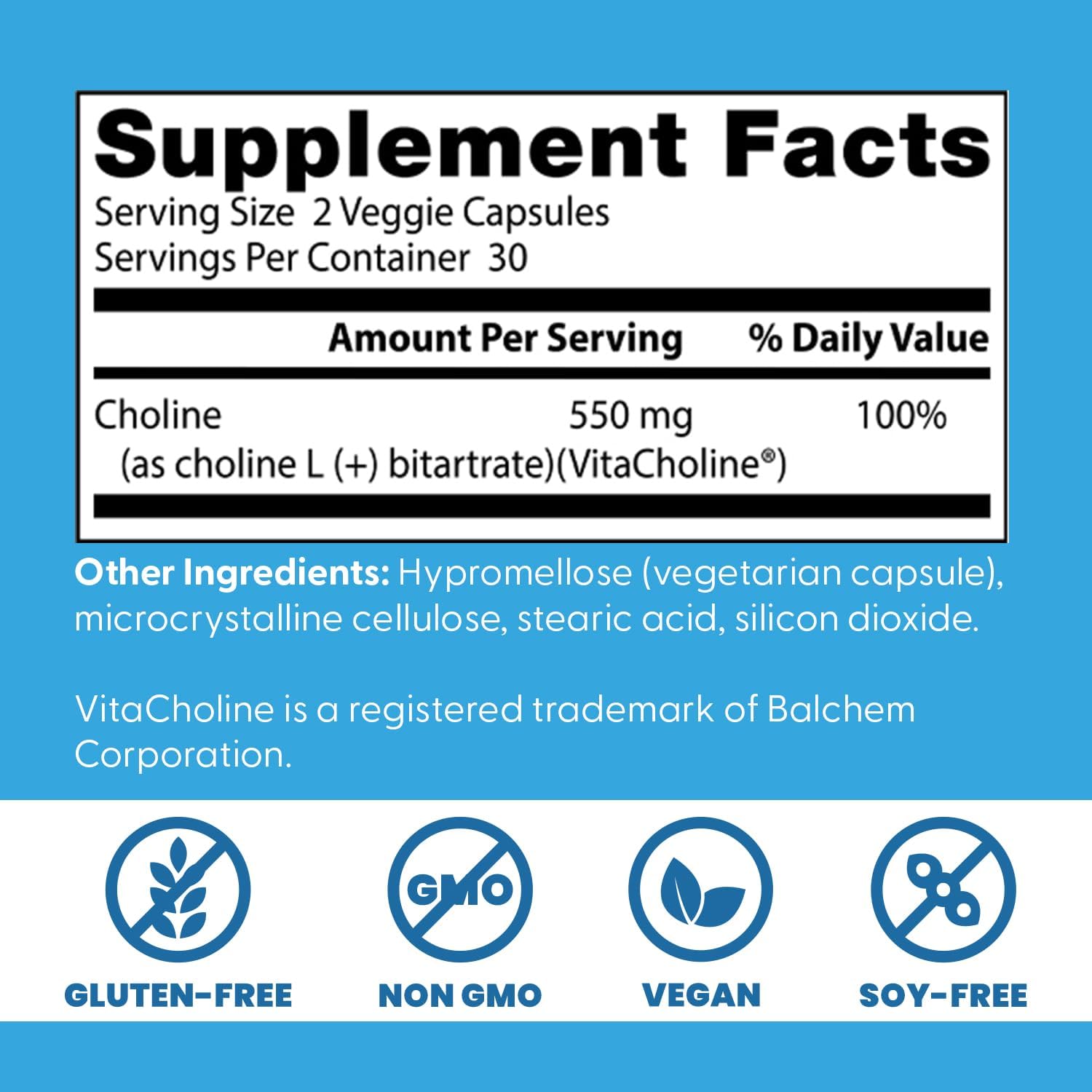 Choline L-Bitartrate for Prenatal Health & Liver Function - Non-GMO, Gluten Free, Vegan Capsules