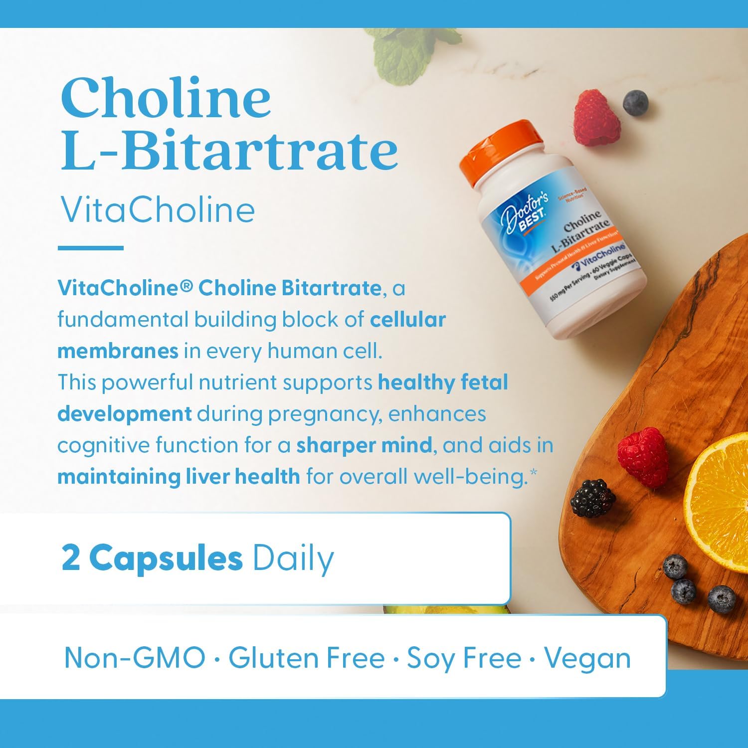 Choline L-Bitartrate for Prenatal Health & Liver Function - Non-GMO, Gluten Free, Vegan Capsules