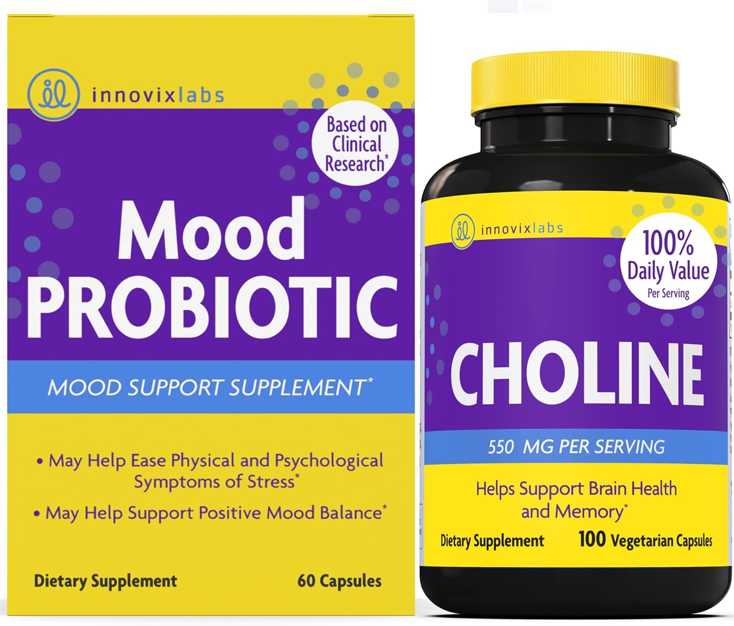 Choline & Mood Probiotic Bundle - 550mg Choline Bitartrate, 100 Capsules + Mood Probiotic, 60 Capsules - Memory & Brain Health Support.