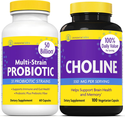 Choline & Multi Probiotic Bundle: Choline Bitartrate & Multi Strain Probiotics for Memory, Mood, Brain Health & Cognitive Support