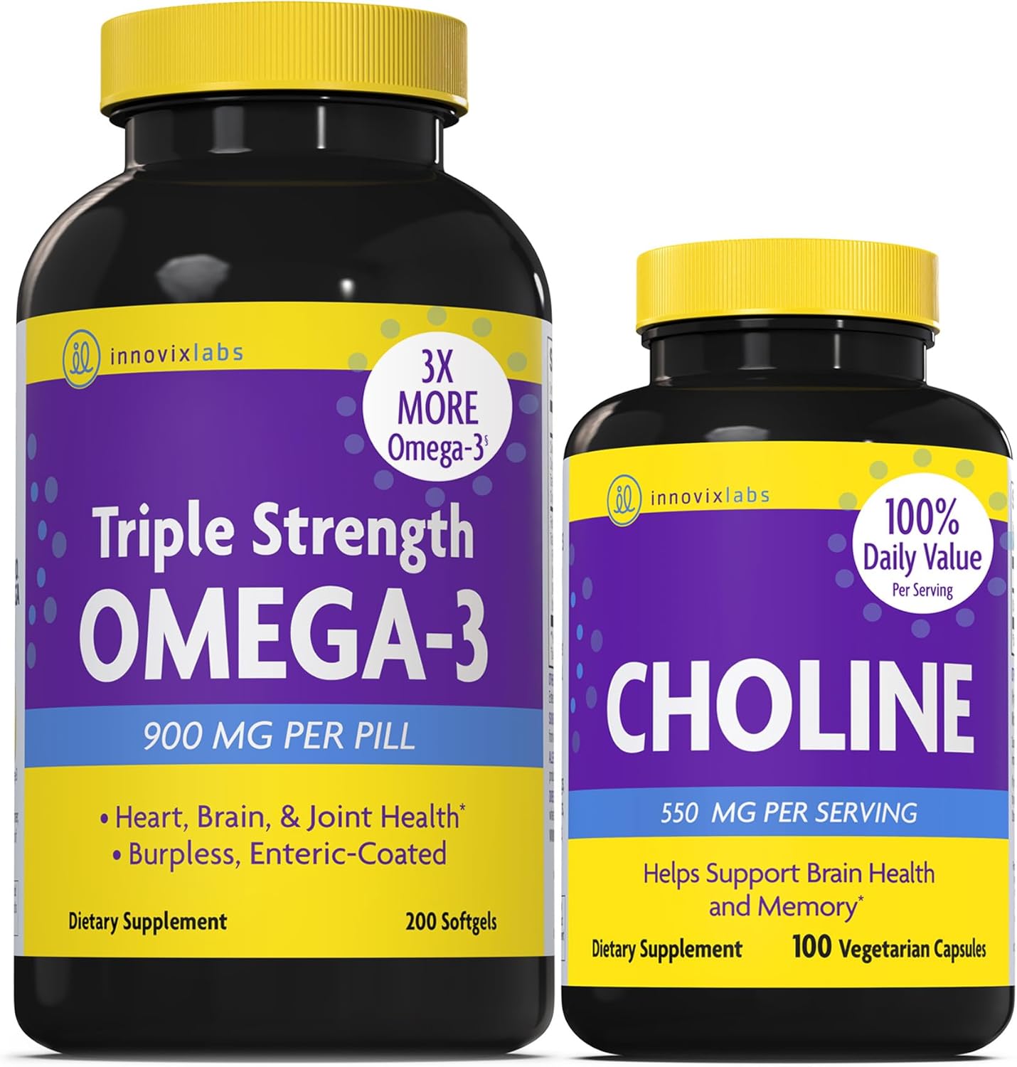 Choline & Triple Omega-3 Bundle for Memory, Mood, Brain Health - 550mg Choline Bitartrate (100 Capsules) + Triple Strength Omega (200 Softgels)