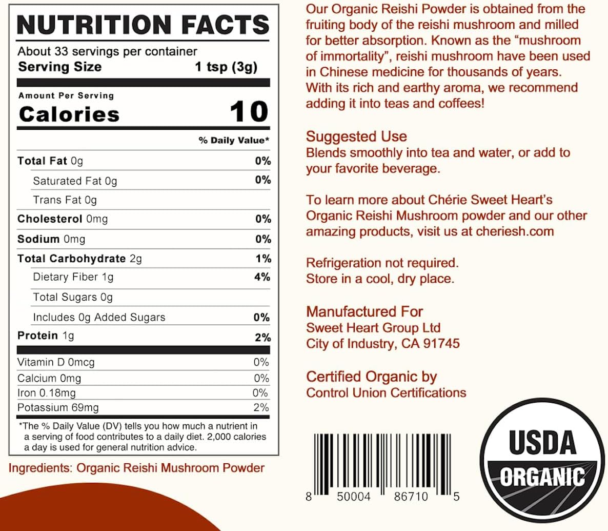 Chérie Sweet Heart Organic Reishi Mushroom Powder - 3.5 Oz - Immune Boosting Coffee Enhancer - Packaging May Vary